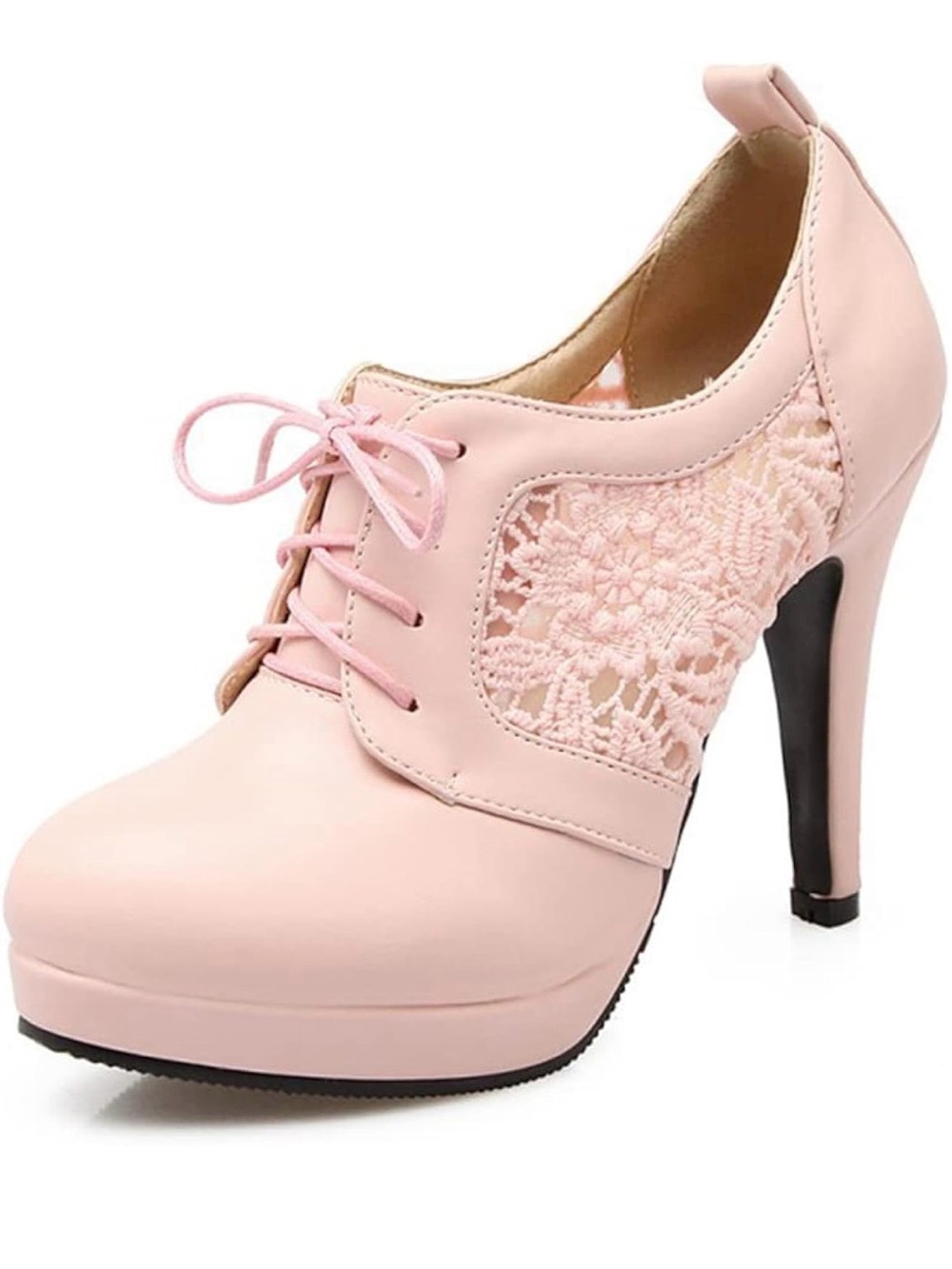 Feminine Pink Lace-Up High Heel Pump with Crochet Detail